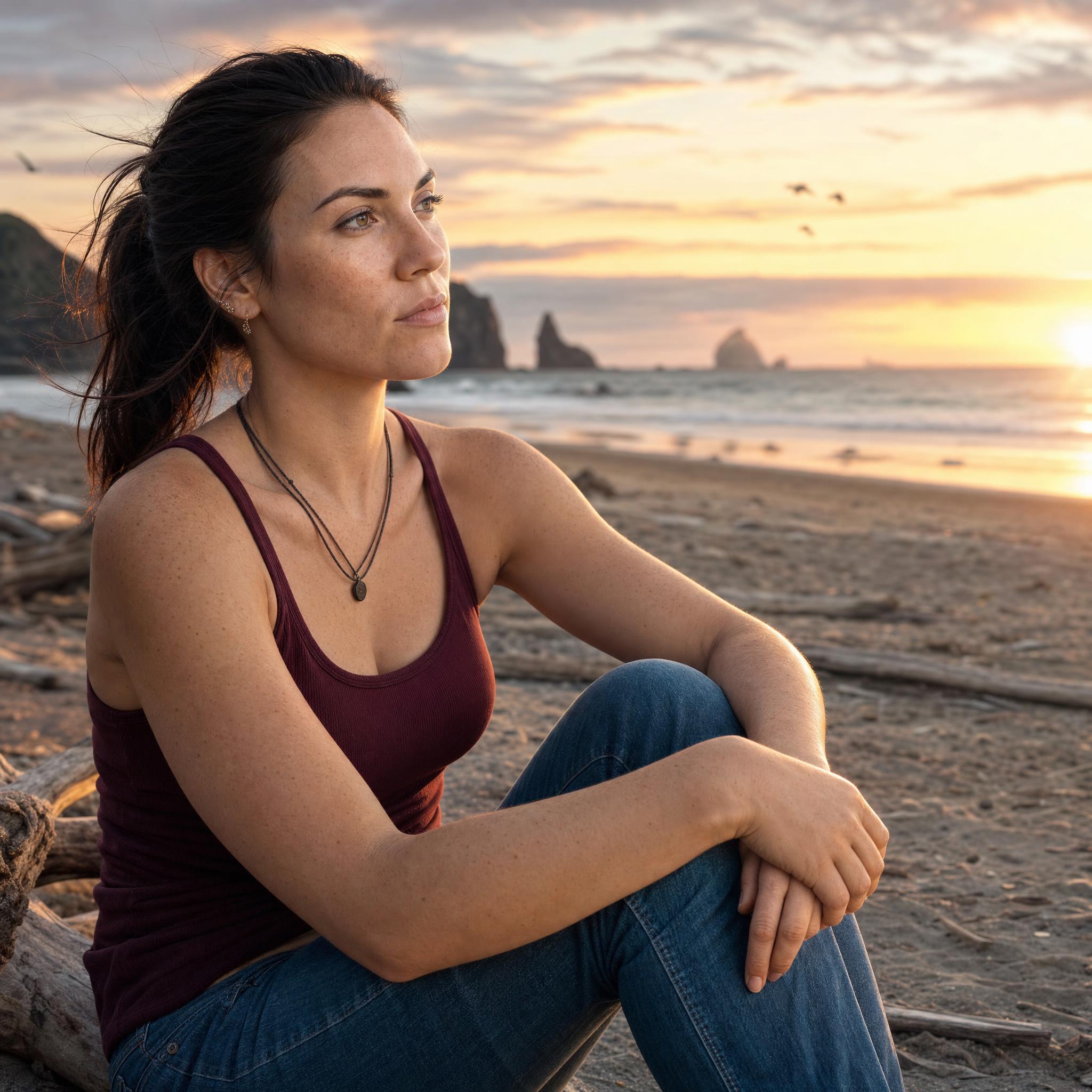 Kendra sitting thoughtfully beside the ocean at sunset